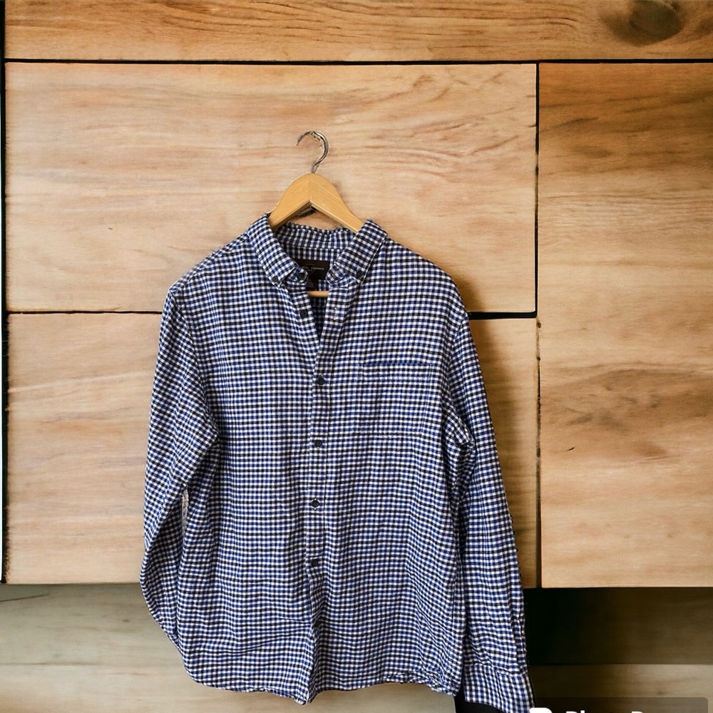 NEW BLACK BROWN 1826 Blue & White Checkered Flannel Men Shirt Large Cottagecore